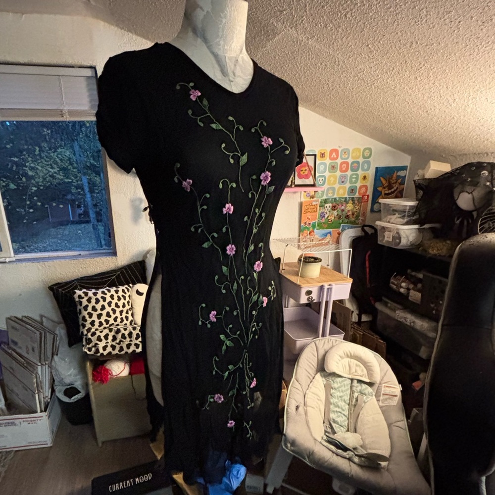 American Angel Black Midi Dress with Pink Floral Embroidery